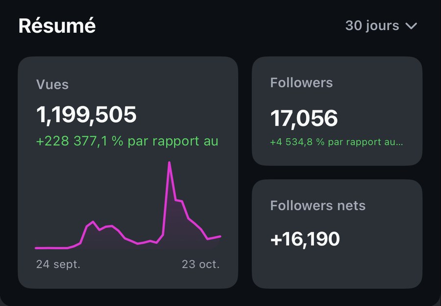 Mon tableau de bord Instagram sur 30 jours : 1,2 million de vues, 17 056 followers, +16 190 followers nets